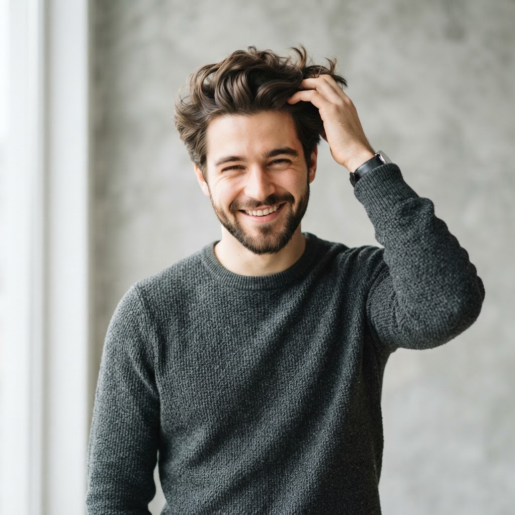 Smiling man with healthy hair after a transplant
